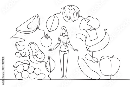 Single line drawing of a woman surrounded by fruits and vegetables, illustrating mindful eating, sustainability, and healthy food choices for Eat Flexitarian Day in a lifestyle and wellness concept.
