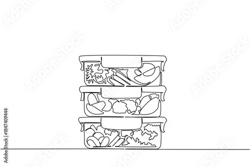 Continuous line drawing of stacked meal prep containers filled with vegetables, capturing the spirit of National Meal Prep Day in a health concept promoting nutrition and order.