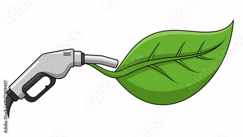 Eco-friendly fueling concept with a leaf and nozzle in a green environment from a straightforward viewpoint