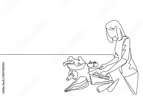 Continuous line drawing of a woman preparing fresh vegetables on a table, symbolizing National Meal Prep Day with a health concept and organized cooking lifestyle.