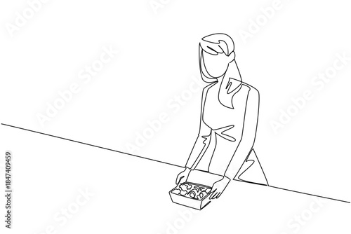 Single line drawing portrays a woman holding a meal prep box filled with vegetables, representing National Meal Prep Day with a health concept that promotes balance, planning, and nutrition.