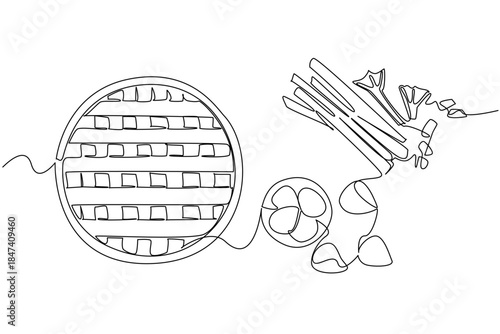 One line drawing of top view of strawberry rhubarb pie with lattice crust and strawberries on the side, ideal for a bakery themed food concept celebrating National Strawberry Rhubarb Pie Day.