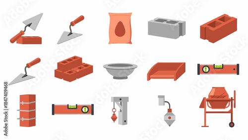Various construction tools and materials are arranged neatly on a white background showcasing industry equipment