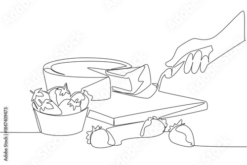 Continuous line drawing of a strawberry rhubarb pie served with fresh strawberries on wooden board, reflecting a sweet food concept for National Strawberry Rhubarb Pie Day. Pick up with cake spoon