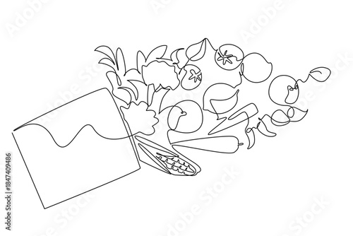 Single line drawing illustration of a grocery bag overflowing with fruits and vegetables, symbolizing healthy lifestyle and sustainable choices for Eat Flexitarian Day in a food concept theme.