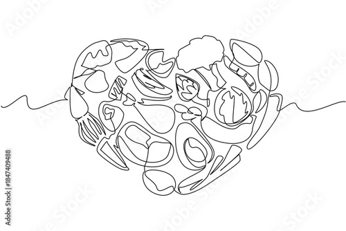 Continuous line drawing artwork of assorted vegetables forming a heart shape, representing balanced nutrition, sustainability, and mindful eating for Eat Flexitarian Day as a health concept.