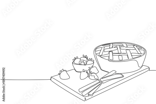 Continuous line drawing of a strawberry rhubarb pie on cutting board served with strawberries and cinnamon sticks, representing food concept and themed for National Strawberry Rhubarb Pie Day.