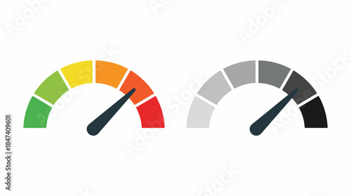 Detailed vector illustration of colored and monochrome gauge icons showing speed, performance, or risk measurement, concept for data visualization, business analytics and performance monitoring