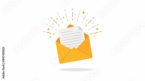 Email notification icon showing new message received with starburst elements on white, concept for email marketing, successful communication and special announcement