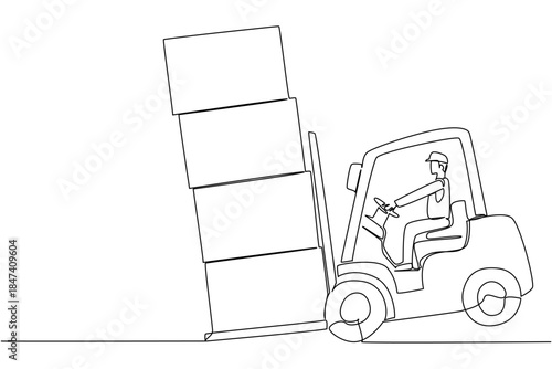 Continuous line drawing vector artwork illustrating forklift safety concept for National Forklift Safety Day, showing operator handling unstable stacked boxes in workplace industry theme.