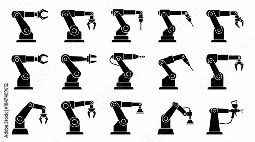 Set of 15 black industrial robotic arm icons featuring various tools like grippers, drills and welders, concept for manufacturing automation, engineering design and modern technology presentation