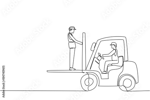 One line drawing vector illustration highlighting unsafe forklift practice for National Forklift Safety Day, featuring a worker dangerously riding the forks with operator driving, industry concept.