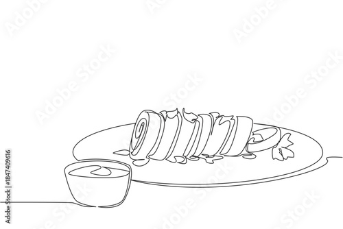 Single line drawing of rolled egg snacks with lemon and greens on a plate, illustrating food concept and international event theme for National Egg Roll Day celebration.