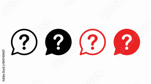 Four question mark icons within speech bubbles displayed in black and red vector styles on a clean white background, concept for online assistance, technical support and user interface design