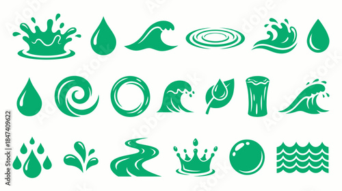 Vectorized graphic collection of green water symbols including droplets, waves, splashes and ripples, concept for eco branding, nature conservation and hydration products