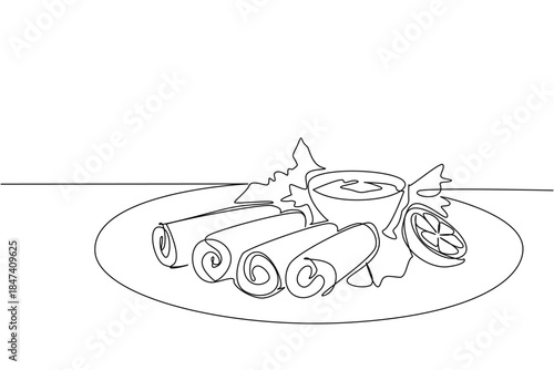 Continuous line drawing of delicious egg rolls served with sauce on a plate, highlighting food concept and international event theme for National Egg Roll Day celebration.