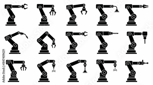 Detailed collection of industrial robotic arm black silhouette icons on a white background, showing automation tools, concept for factory production, engineering technology and manufacturing processes