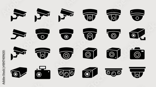 Detailed black vector silhouette set showcasing various CCTV security camera icons on a light background, concept for surveillance monitoring, digital protection and alarm systems design