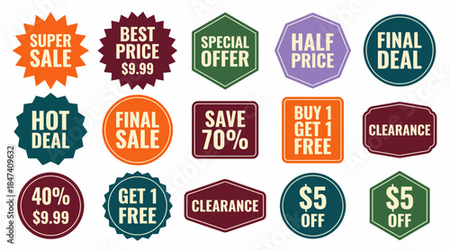 Set of fifteen colorful vector promotional badges in various shapes featuring sale, deal and price messages, concept for e-commerce, retail store flyers and shopping apps
