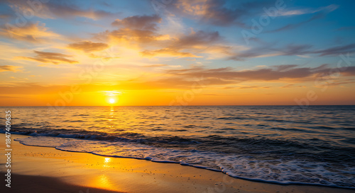 Fototapeta Naklejka Na Ścianę i Meble -  Beautiful sunset over the ocean with waves on the beach