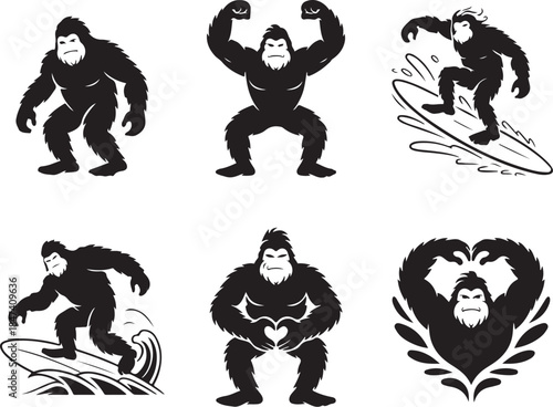 Six black and white bigfoot silhouette icons