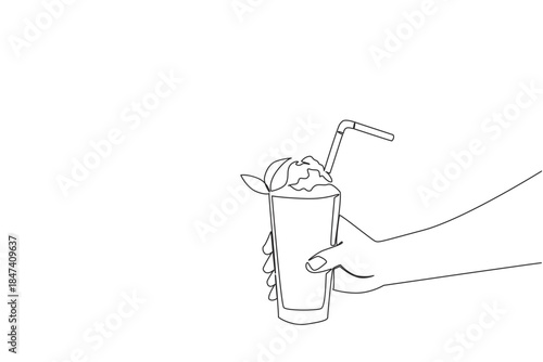 Hand holding a tall glass of iced tea with straw, ice cubes, and lemon garnish, illustrated in continuous line drawing style, celebrating National Iced Tea Day with a refreshing drink concept.