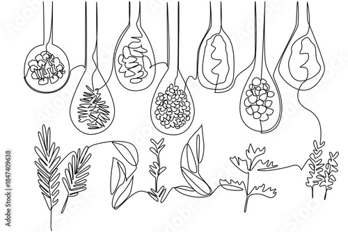 Single line drawing featuring spoons filled with various herbs and spices, representing culinary diversity, designed as a food concept illustration for National Herbs and Spices Day celebration.