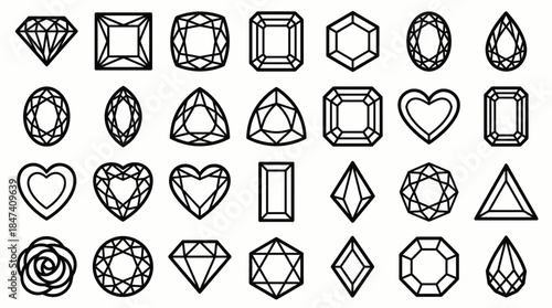 Various black outline vector icons showing multiple geometric diamond and gemstone shapes, concept for jewelry design, luxury branding and wedding advertising