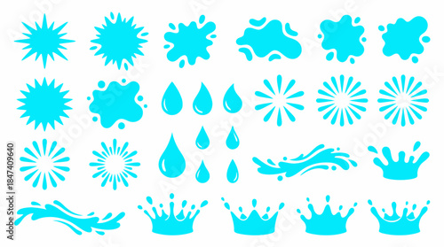 Collection of bright blue water splash, drop, wave and splatter vector silhouettes on white background, concept for beverage packaging, hygiene promotion and refreshing liquid design
