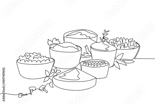 Continuous line drawing of multiple bowls containing herbs and spices, symbolizing culinary richness and traditional cooking, designed as a food concept for National Herbs and Spices Day theme.