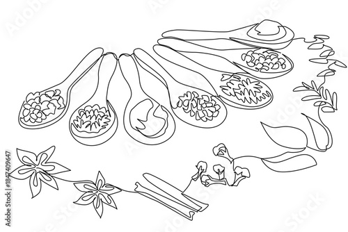 Single line drawing composition showing assorted herbs and spices arranged on spoons with additional elements, highlighting flavor diversity as a food concept for National Herbs and Spices Day.