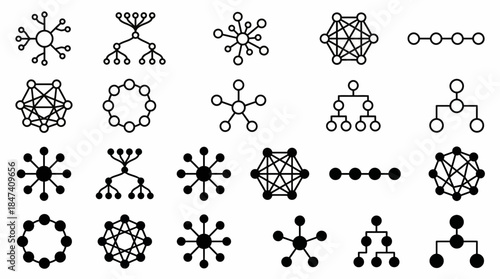 A comprehensive set of black and white network topology and hierarchical structure icons, concept for data science, IT architecture and organizational structure analysis