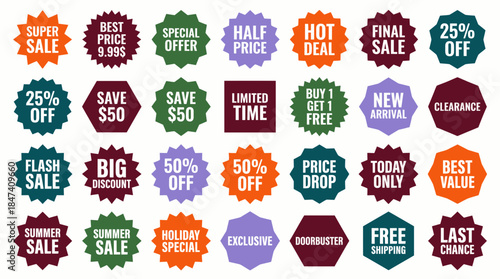 Large collection of colorful sale and discount starburst badges and geometric labels on white, concept for e-commerce promotion, retail advertising and consumer sales campaign