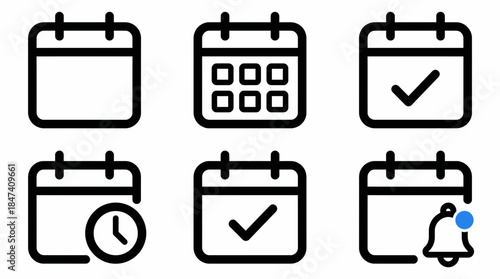 Outline vector calendar icon set showing grid, checkmark, time and bell notification states, concept for scheduling application design, deadline management and event planning interface