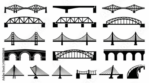 Collection of various black silhouette bridge icons including truss, arch and suspension types, concept for engineering projects, architectural design and urban planning infographics