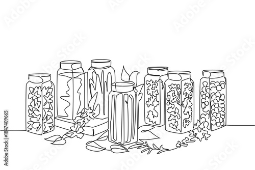 Single line drawing of spice jars arranged together, symbolizing preserved culinary flavors and natural seasonings, designed as a food concept for National Herbs and Spices Day illustration.