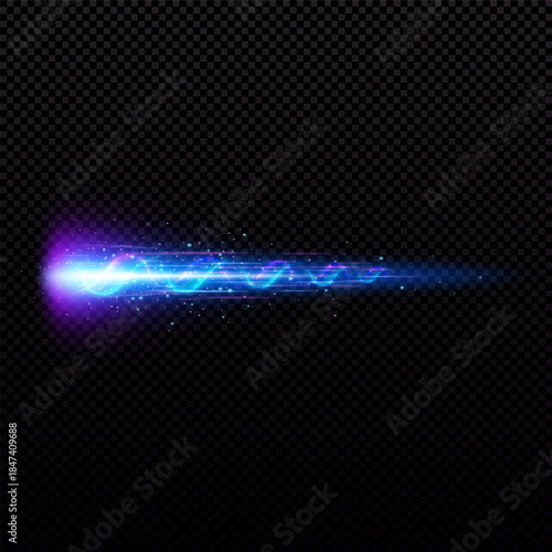 Neon blue weapon shot trail, bright flash with beam, particles, and smoke.
