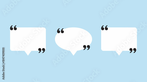 Set of three distinct blank white speech bubbles with quote marks on a minimal light blue background, concept for testimonial display, presentation slides and social media marketing