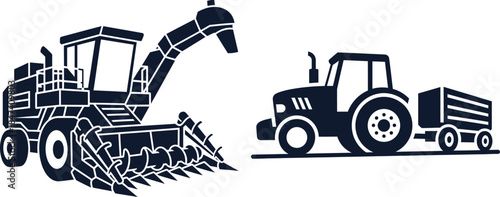 Forage Harvester and Tractor with Trailer Silhouettes agriculture farm