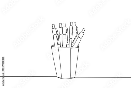 Single line drawing of a pen holder or cup filled with multiple ballpoint pens, emphasizing creativity and writing tools. It fits the business concept with the theme of National Ballpoint Pen Day.