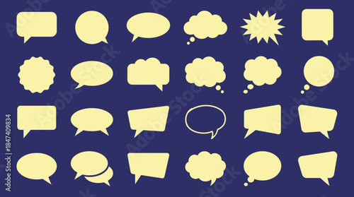 Diverse vector set of yellow speech and thought bubbles graphic icons on a dark blue background, concept for social media, app design and advertising campaigns