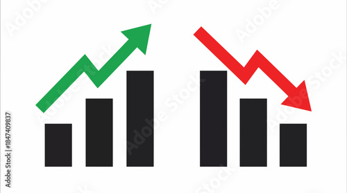 Simple graphic showing dual bar charts illustrating contrasting trends of growth and decline, concept for financial analysis, market fluctuation and performance reports