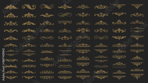 Golden vintage vector ornaments set with decorative dividers, borders and flourishes on a black background, concept for wedding design, luxury invitations and certificate borders