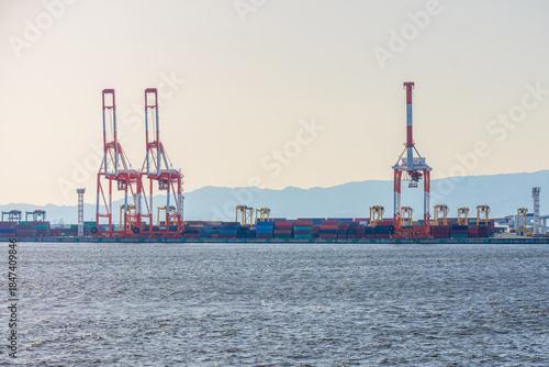 Large gantry cranes and cargo containers at busy sea port in Osaka Bay. Industrial landscape of a major container port in Japan, featuring large gantry cranes, stacked shipping containers, and the sea