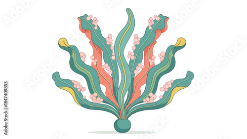 Vibrant organic illustration of lush aquatic flora with delicate pink spherical accents and undulating foliage creating a harmonious natural design