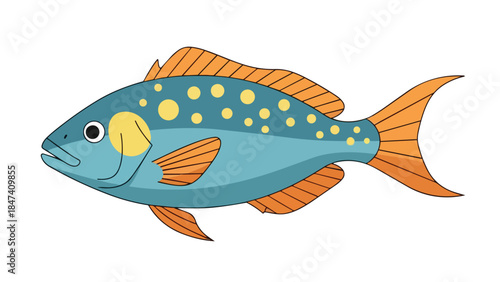 Cheerful blue fish with orange fins and yellow spots, swimming in clear water