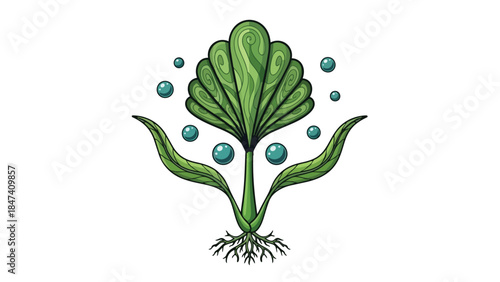 Vibrant green aquatic plant art with fanned leaves, a developed root structure, and floating bubbles, depicting serene underwater flora and natural