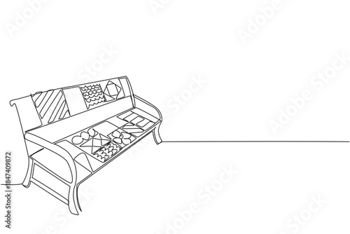A yarn decorated wooden bench created in single line drawing style, representing International Yarn Bombing Day with an art concept that blends street furniture, textile craft, and urban creativity.