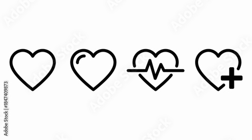 Four black outline heart icons displaying like, active, heartbeat and medical add signs on a white background, concept for cardiology monitoring, user interface design and medical applications