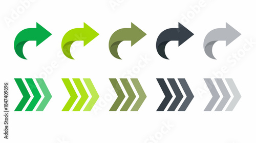 Vector set of curved forward arrows and triple chevron arrows in diverse green and grey color palettes, concept for web interface, digital navigation and infographic design